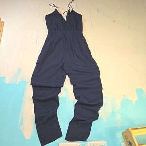 Finders Keepers S Someday Navy Wide Leg V-Neck Jumpsuit Pockets Strappy 2010s